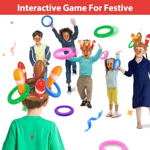 3 Pack Thanksgiving Ring Toss Games Toys for Kids Thanksgiving Inflatable Turkey Hat Toss Games Thanksgiving Family School Party Favors Supplies Indoor Outdoor Party Game(3 Turkey Hats, 12 Rings)