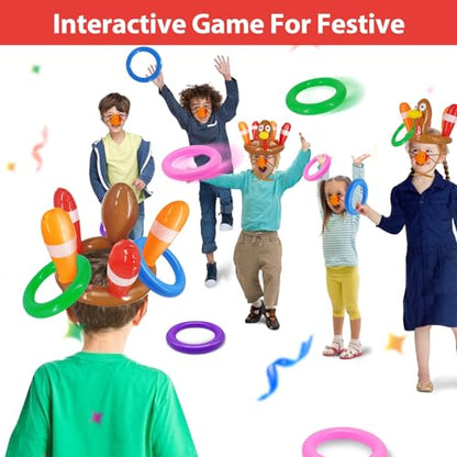 3 Pack Thanksgiving Ring Toss Games Toys for Kids Thanksgiving Inflatable Turkey Hat Toss Games Thanksgiving Family School Party Favors Supplies Indoor Outdoor Party Game(3 Turkey Hats, 12 Rings)
