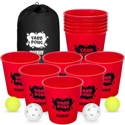 Yard Pong Outdoor Games, Giant Yard Games Set with 12 Buckets and Balls for Adults and Family, Toss Game Throwing Games for Beach, Camping, Lawn and Backyard - color: red