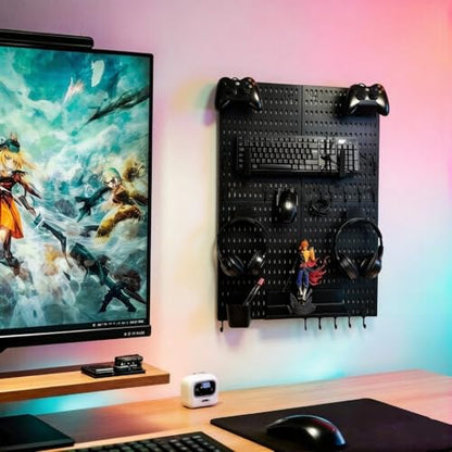 Gaming Pegboard Organizer Wall Mounted 4 Pack - Controller Holder Headset Stand Keyboard Storage - Black Pegboard with 15 Hooks for Gaming Room Setup