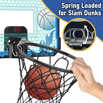 VROGTIK Indoor Basketball Hoop for Kids with Led Lights Mini Basketball Hoop with Remote Control Over The Door Basketball Hoops with Scoreboard Basketball Toys for 4-12 Year Old Boys Girls - style: Blue with Lights