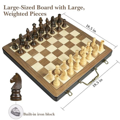 18.5" Wooden Chess Set with Handle,Chess Sets for Adults Kids Portable Folding Board Games with 4.5" King 2 Extra Queens,Handmade Weighted Large Pieces with Storage Slots