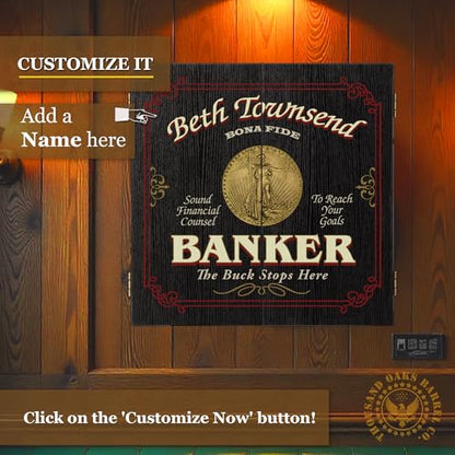 Personalized Dart Board Cabinet Set with 6 Steel Tip Darts, Paper Fibre Dartboard, Chalk & Eraser (21.5 x 21.5 x 2.75") - Occupational Man Cave Dart Boards for Adults - Banker (422) - style: Banker Dartboard & Cabinet Set