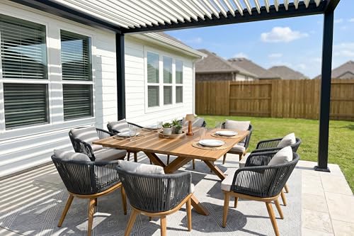 PURPLE LEAF 9 Pieces Outdoor Metal Furniture Set Patio Conversation Sets Wood Pattern Dining Set, 1 Dining Table and 8 Modern Chairs with Cushions Seat - color: Teak, size: 9 Pcs, style: Square