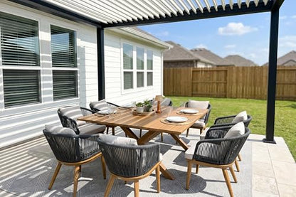PURPLE LEAF 9 Pieces Outdoor Metal Furniture Set Patio Conversation Sets Wood Pattern Dining Set, 1 Dining Table and 8 Modern Chairs with Cushions Seat - color: Teak, size: 9 Pcs, style: Square