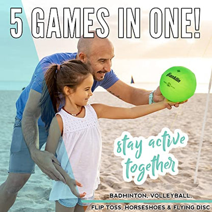 Franklin Sports Fun 5 Combo Outdoor Game Set - Backyard, Beach + Camping Games for Kids - Badminton, Volleyball, Flip Toss, Flying Disc - Horseshoes or Ring Toss - style: Blue Combo Set