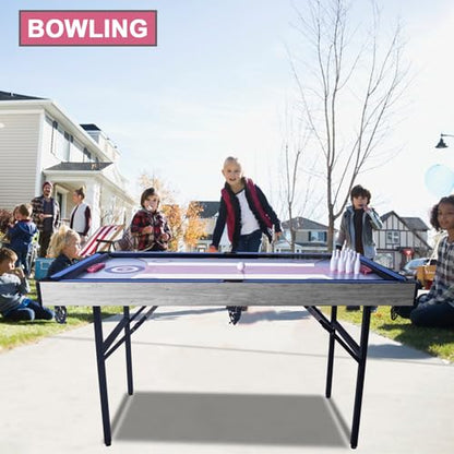 5in1 Multi-fuction Games Table,Folding Multi Game Combination Table Set with Ping Pong, Pool Billiards, Air Hockey, Bowling, and Shuffleboard for Indoor, Outdoor