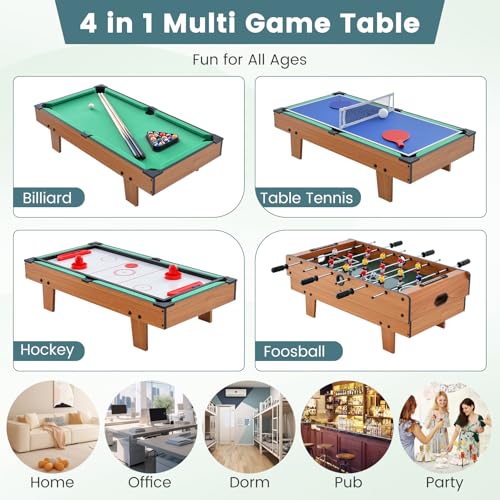 GYMAX 4 in 1 Multi Game Table, 32" Combo Game Table Set Includes Foosball, Pool Table, Hockey, Ping Pong Tabletops w/Accessories for Kids & Adults, Home, Game Room, Family Nights - color: Natural