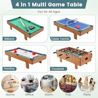 GYMAX 4 in 1 Multi Game Table, 32" Combo Game Table Set Includes Foosball, Pool Table, Hockey, Ping Pong Tabletops w/Accessories for Kids & Adults, Home, Game Room, Family Nights - color: Natural