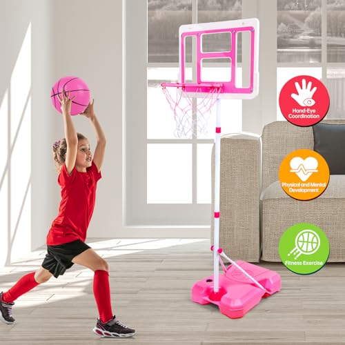 Kids Basketball Hoop with Stand, Adjustable Height 3.5FT-6.2FT Toddler Basketball Hoop, Basketball Goal Outdoor Indoor Toys for Girls Age 3 4 5 6 7 8 Years Old Gifts(Pink) - color: Pink