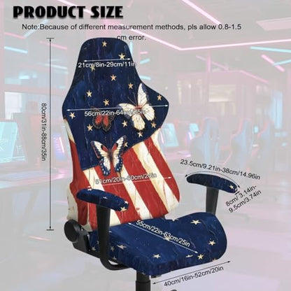 American Flag Print Gaming Chair Covers Slipcovers with Armrest Cover Butterfly Printed 250th Anniversary Decoration Gamer Desk Chair Covers Fits Most Office/PC Chairs & Racing Style Seats - color: Blue and White - American Flag Butterfly