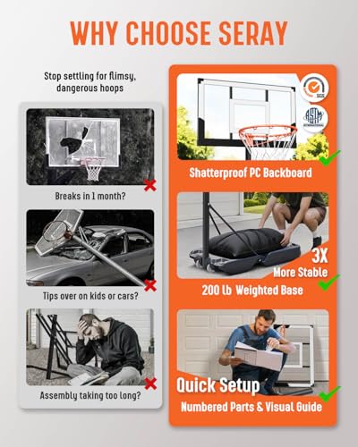 Seray Family Basketball Hoop Outdoor 3.3-10ft Adjustable, Safety Portable Basketball Hoop for Kids/Adults/Family in Poolside/Backyard/Indoor/Court, 40 in Shatterproof Backboard and Enlarged Base