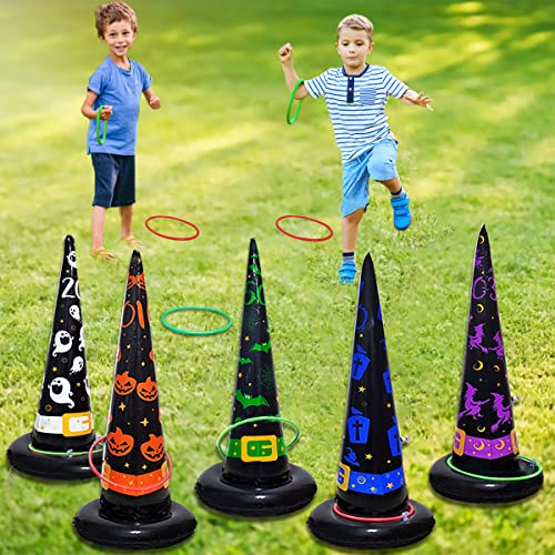 Poptrend 5PK Halloween Toys Halloween Games Inflatable Witch Hat Ring Toss Game, Inflatable Ring Toss Game with Air Pump. Games Toys for Kids Adults, Halloween Decorations (Witch Hat, 5PK)