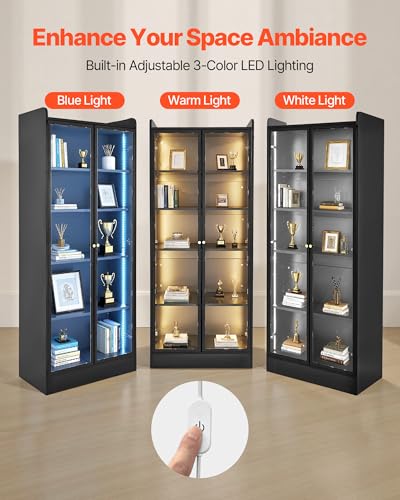 VEVOR Display Cabinet with Doors, 67in Tall Display Case with 2 Adjustable Shelves, 3 LED Lights, 5-Tier Curio Collectibles Storage Cabinet, Bookshelf Bookcase for Pantry Bedroom Living Room Office - size: 67in