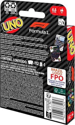 Mattel Games UNO F1 Card Game for Kids, Families, Travel & Camping, Deck Features Images from the World of Formula 1 Racing - style: UNO F1
