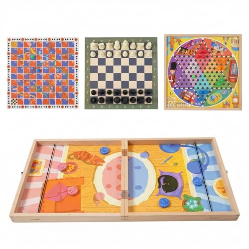 5-in-1 Magnetic Wooden Board Game Set, Premium Beech Wood Frame Family Game Center for Kids & Adults
