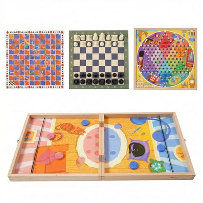 5-in-1 Magnetic Wooden Board Game Set, Premium Beech Wood Frame Family Game Center for Kids & Adults