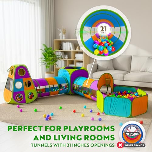 Playz 5-Piece Kids Pop up Play Tent Crawl Tunnel and Ball Pit with Basketball Hoop Playhouse for Boys, Girls, Babies, and Toddlers (Purple, Orange, Yellow, Red, Blue) - color: Purple, Yellow, Red, Blue, White