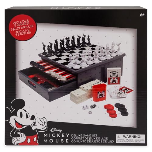 Disney Store Dolls & Games Mickey Mouse Deluxe Game Set - Includes Disney Chess Set, Checkers Pieces, Backgammon Board, Playing Cards, Poker Chips, Dice & Shaker Cup in Self-Contained Wooden Box