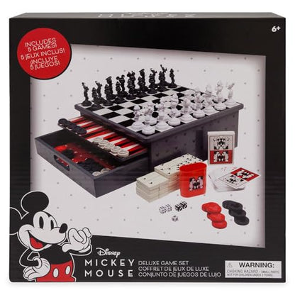 Disney Store Dolls & Games Mickey Mouse Deluxe Game Set - Includes Disney Chess Set, Checkers Pieces, Backgammon Board, Playing Cards, Poker Chips, Dice & Shaker Cup in Self-Contained Wooden Box
