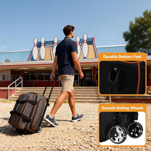 2 Ball Bowling Bag with Wheel,900D Oxford Waterproof PU,Dual Roller Bowling Bag with Sturdy Frame,Large Shoe Compartment Fits Up to Men’s 16,Rolling Bowling Tote, Handle Extends to 39.5" - color: Grey