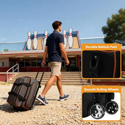 2 Ball Bowling Bag with Wheel,900D Oxford Waterproof PU,Dual Roller Bowling Bag with Sturdy Frame,Large Shoe Compartment Fits Up to Men’s 16,Rolling Bowling Tote, Handle Extends to 39.5" - color: Grey