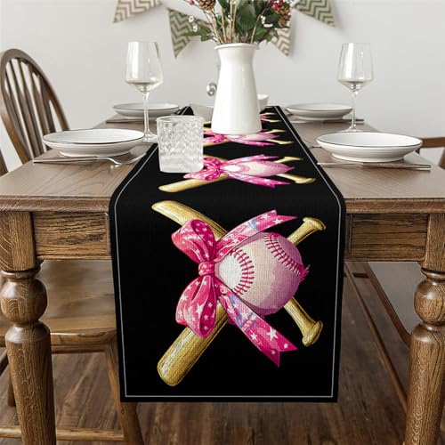 Baseball Table Runner 13X60 Inch,Girly Pink Bowknot Table Runners,Princess Sports Games Table Decoration for Home Party Holiday Decor,Waterproof - size: 60"x13"