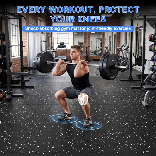 Rubber Gym Floor Mats, 12 Tiles 48 Sq Ft, 0.56" Thick Heavy Duty Gym Flooring for Home Gym, Exercise Equipment Mat for Treadmill, Weightlifting & Workout Area, Non-Slip Protective Flooring