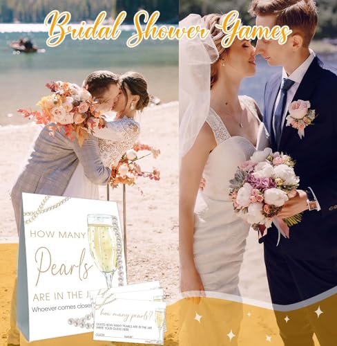 Guess How Many Cards, Guess How Many Pearls Are in the Jar, Party Games & Activities, Pearls Bridal Shower Decorations, 50 Cards and Sign - size: 5 x 7 inches