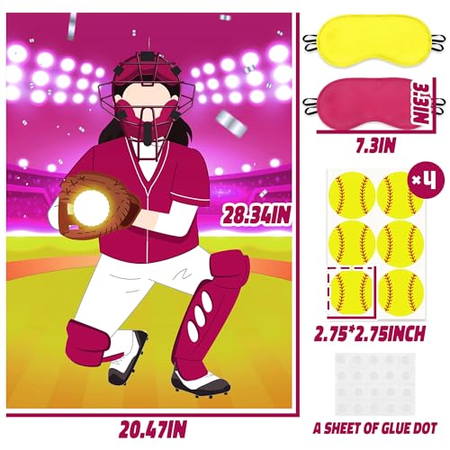 Pin The Softball on The Glove Game Poster with 24 Stickers Blindfolds Pink Softball Themed Party Decorations Supplies Fun Entertainment Classroom Activities for Sports Lovers Fans Kids Girls Birthday