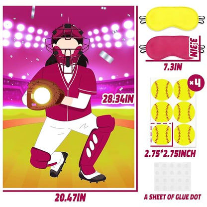 Pin The Softball on The Glove Game Poster with 24 Stickers Blindfolds Pink Softball Themed Party Decorations Supplies Fun Entertainment Classroom Activities for Sports Lovers Fans Kids Girls Birthday
