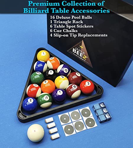 JAPER BEES Billiard Pool Balls with Triangle Ball Rack, Cue Chalks, Table Spot Stickers & Tip Replacements - Pool Table Accessories