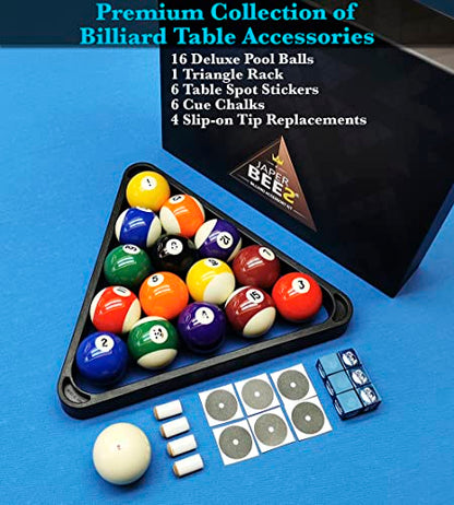 JAPER BEES Billiard Pool Balls with Triangle Ball Rack, Cue Chalks, Table Spot Stickers & Tip Replacements - Pool Table Accessories