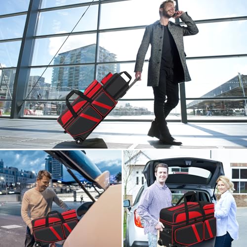 4 Ball Bowling Bags with Wheels, Bowling Ball Bag with Multi-Pockets,4 Ball Bowling Bag with Secure Buckle Fixed Ball Cup & Shoe Compartment,3 Ball Bowling Bag+1 Ball Color Matching Add On Tote - color: red 3+1