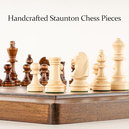 15.5'' Deluxe Solid Wood 3-in-1 Chess Set: Portable Chess, Backgammon, and Checkers with Hollow Handle Box, Folding Board for Travel, Suitable for Adults