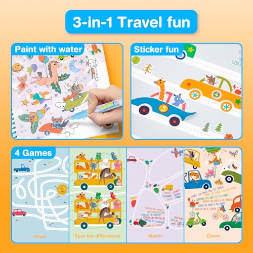 Avenir Reusable Water Coloring Book for Toddlers 3-5 – Mess-Free Paint-with-Water Travel Toy Airplane Activities Road Trip Quiet Book, Water-Reveal Activity Pad, 3-in-1 Creative Set - color: Riding&Flying