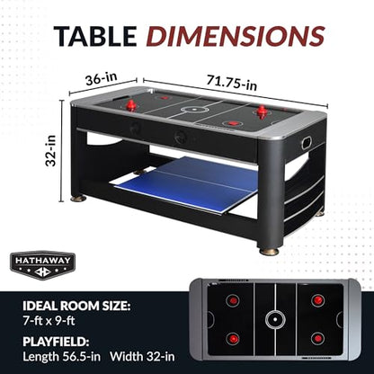Hathaway Triple Threat Multi Game Table – Space-Saving Rotating Playfield for 6ft Pool Table, Air Hockey Table, & Table Tennis - 3 in 1 Game Table with Complete Accessories & Display Rack