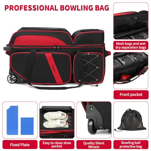 BOSSTIN 3 Ball Bowling Bags with Wheels, Secure Adhesive Fixed Ball Cup & Shoe Compartment, Bowling Ball Bag 3 Ball Roller with Multi-Pockets - color: Red