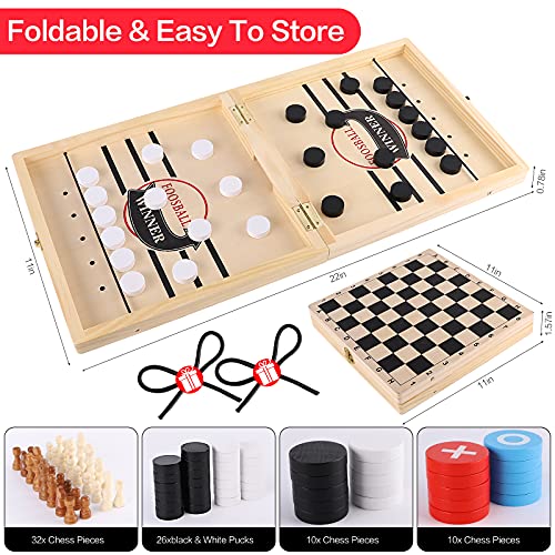 Sling Puck Game, Chess Checkers Game Set, 4 in 1 Folding Wooden Board Game, Fast Hockey Table Game, Portable Tabletop Tic Tac Toe Slingshot Chess Set for Kids and Adults