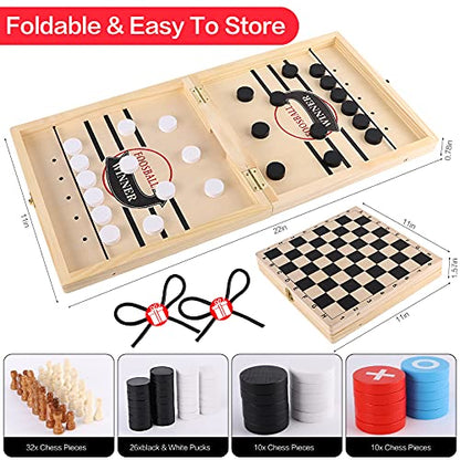 Sling Puck Game, Chess Checkers Game Set, 4 in 1 Folding Wooden Board Game, Fast Hockey Table Game, Portable Tabletop Tic Tac Toe Slingshot Chess Set for Kids and Adults
