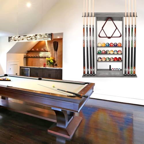 SUPERDIAMOND 8 Pool Stick Holder, Wall Mount Pool Cue Rack for Pool Table Accessories, Made of 100% Solid Wood Billiard Cue Holder Wall Mounted Display Stand for Game Room (Holds 8 Cues & Grey) - size: 8 Cues, style: SU-wa-8 Cue Racks-grey