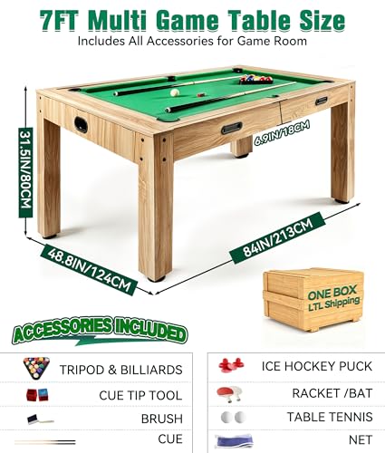 7FT 4-in-1 Multi Game Table, Combo Pool Table, Ping Pong Table & Air Hockey Table with Full Accessories, Convertible Dining/Craft Table for Home Game Room & Family