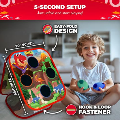 Swooc Games® - Dino Frenzy | 2-in-1 Corn Hole Games for Kids | 5-Second Setup | Dinosaur Bean Bag Toss Game for Kids | Kid Cornhole Game Set | Toddler Party Activity | Outside Bean Bags Kid Tossing