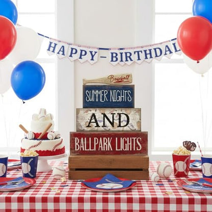 Lineshading 4 Pcs Baseball Decorations Stacked Wooden Blocks Signs with Bat Topper, Summer Nights Ballpark Lights Decor - Baseball Table Decor Ideal Gift for Fans Boys Room Party Coffee Shelf - style: Summer Nights and Ballpark Lights