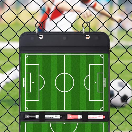 WISYOK Leather Covered Magnetic Soccer Lineup Board, Foldable and Portable Clipboard for Coaches with 48 Cards, 2 Markers, 4 Hooks and 1 Organizer Bag - style: Soccer Leather