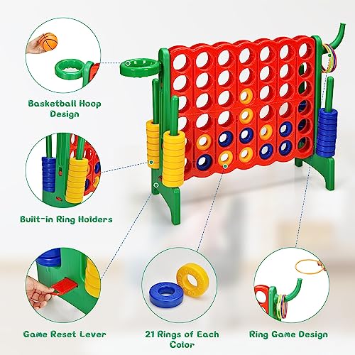 KOTEK Giant 4-in-a-Row Family Game w/Quick-Release Sliders, 42 Rings, Ring Toss & Basketball Hoop, Connect Yard Game for Kids & Adults (Without Carrying Bag, Green) - color: Green