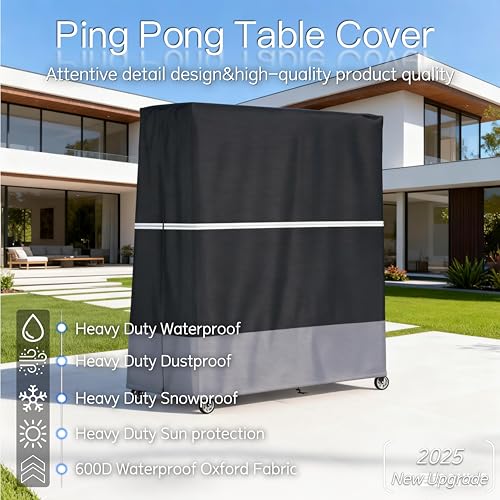 Indoor/Outdoor Ping Pong Table Cover Waterproof, Dustproof, UV-Resistant Durable Foldable Ping Pong Table Cover Fits 9x5-Foot Tables (Black & Gray)