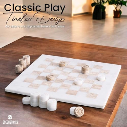 Marble Checkers Set 15 Inches Handmade White and Travertine Checkers Board Game with Checker Pieces - Board Games for Adults, Game Table Accessories, Gifts & Home Décor