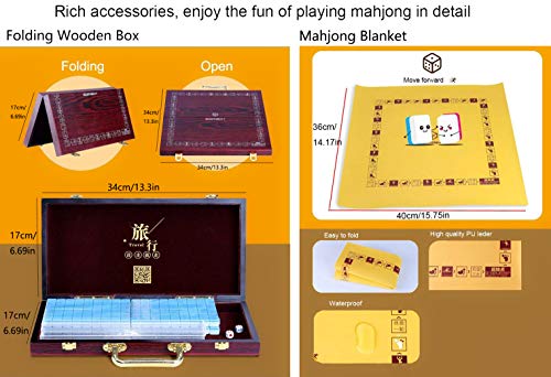 Miniature Chinese Mahjong Game Set with Foldable Table 144 Mini-Tiles, Case, and Accessories, Travel Set (Blue, 22MM) - color: Blue