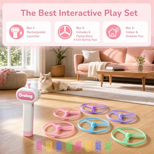 Cat Fetch Toy Launcher,Flying Disc Launcher Toy Rechargeable with 6 Flying Discs and 8 Coil Spring Toys,Flying Cat Toy Disc Launcher for Kitten Dog Playing Interactive Hunting Tracking Toys,Pink - color: Pink